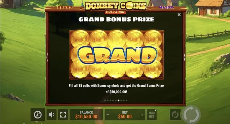 Donkey Coins Hold & Win - tela com Jackpots Mini, Minor, Major, Grand